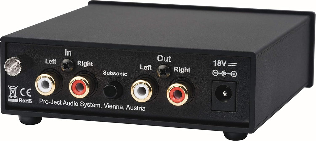 Pro-Ject Phono Box S2 Ultra phono preamp with sleek design, input and output ports, and control knobs for vinyl record amplification.