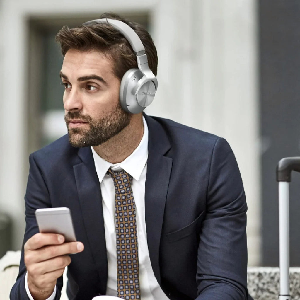 Wireless Technics EAH-A800 headphones with sleek over-ear design and cushioned ear cups, showing the brand logo on the ear cup.