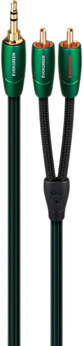 AudioQuest Evergreen 3.5mm TRS to dual RCA cable, 1m length, featuring durable connectors and flexible design.