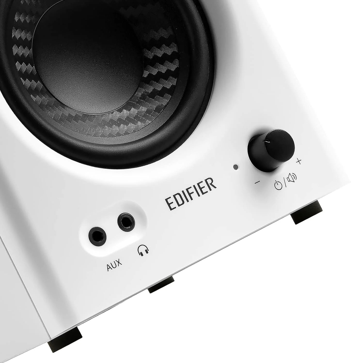 Edifier MR4 desktop speakers with black finish, compact design, and speaker grille visible on a clean desk setup.