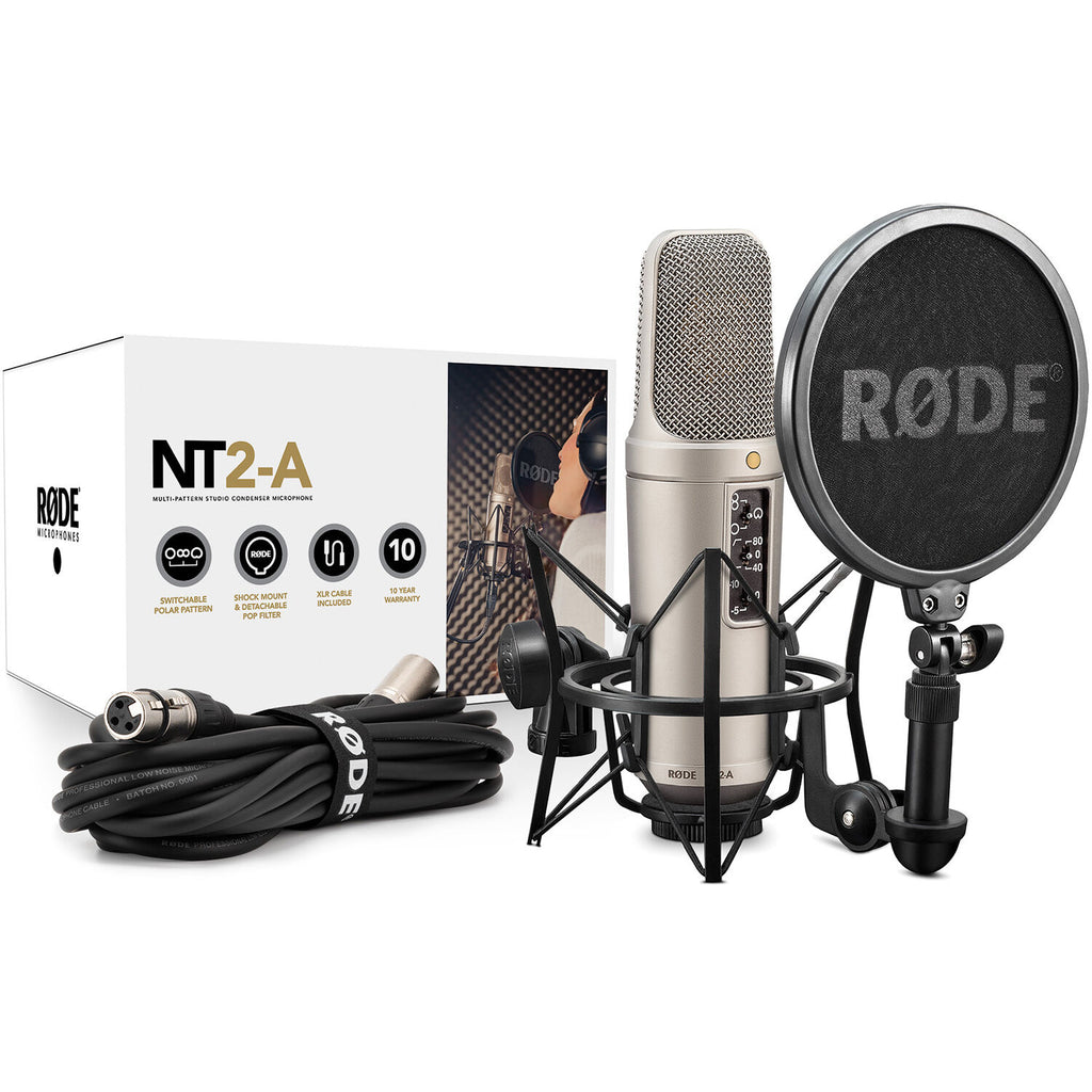 Rode NT2-A condenser studio microphone with accessories, professional audio equipment for recording vocals and instruments.