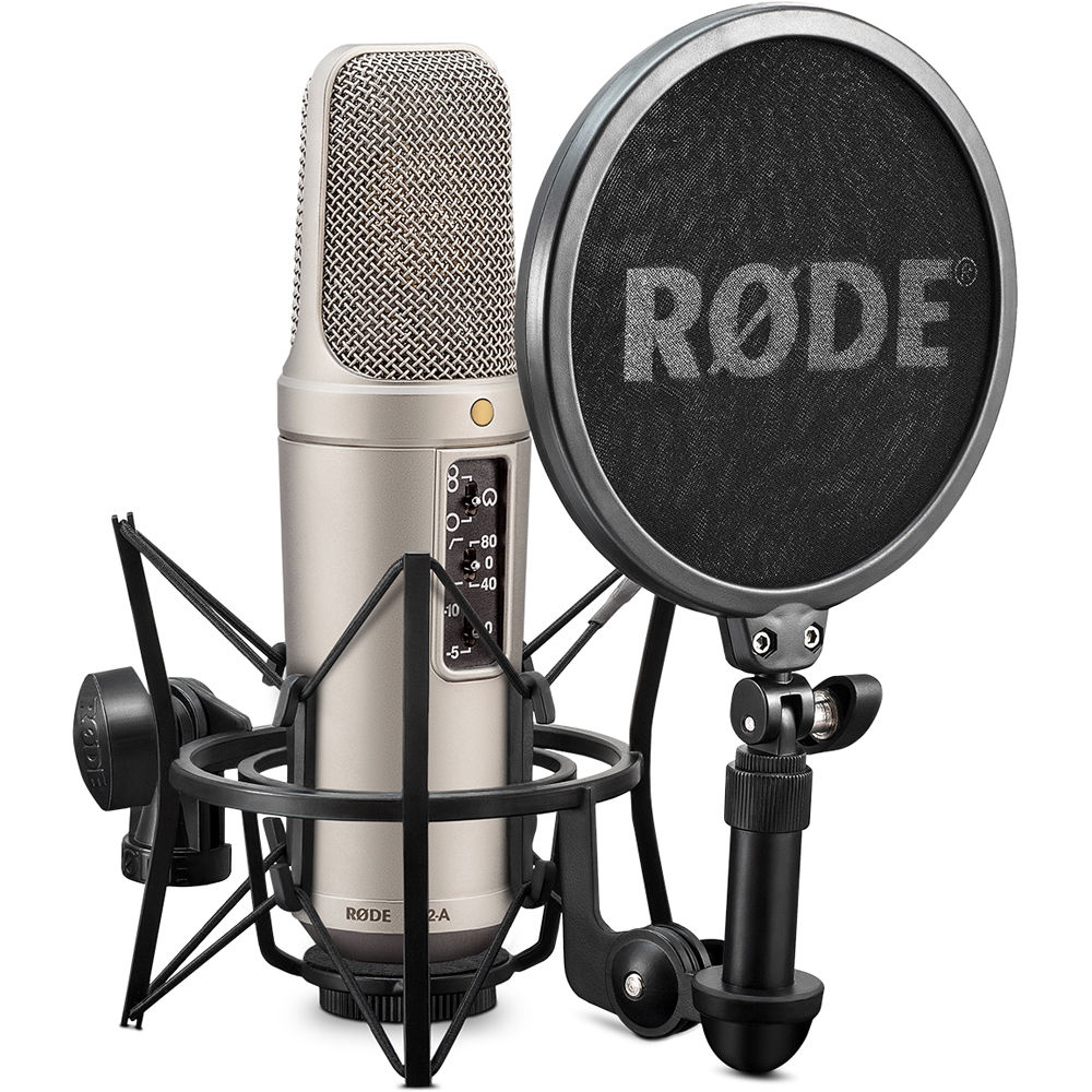 Rode NT2-A condenser microphone in studio pack, featuring professional-grade microphone with shock mount and accessories for recording.