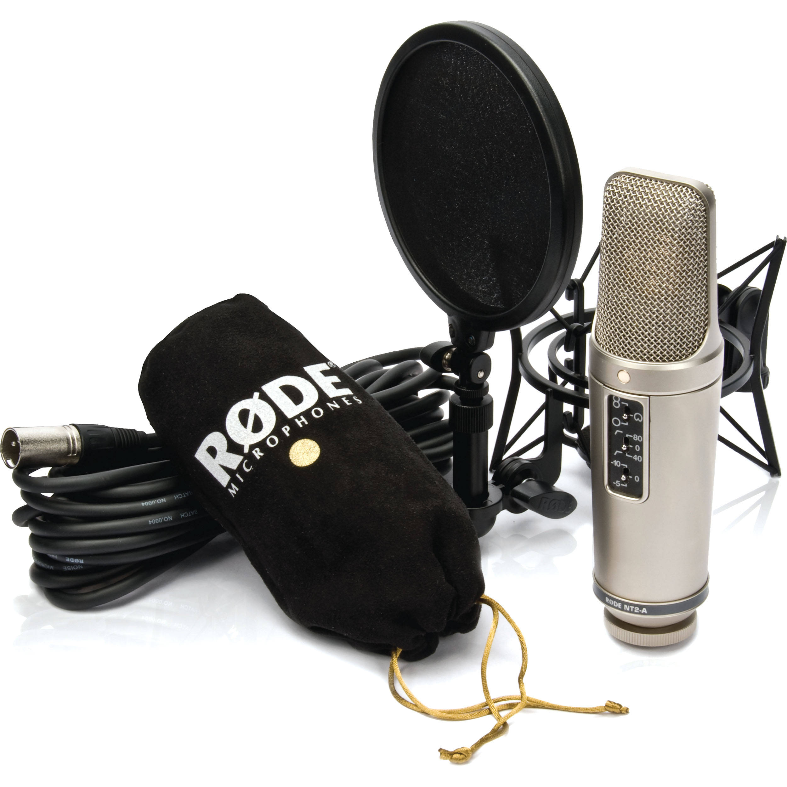 Rode NT2-A condenser microphone in studio pack with shock mount and accessories, ideal for professional recording and vocals.