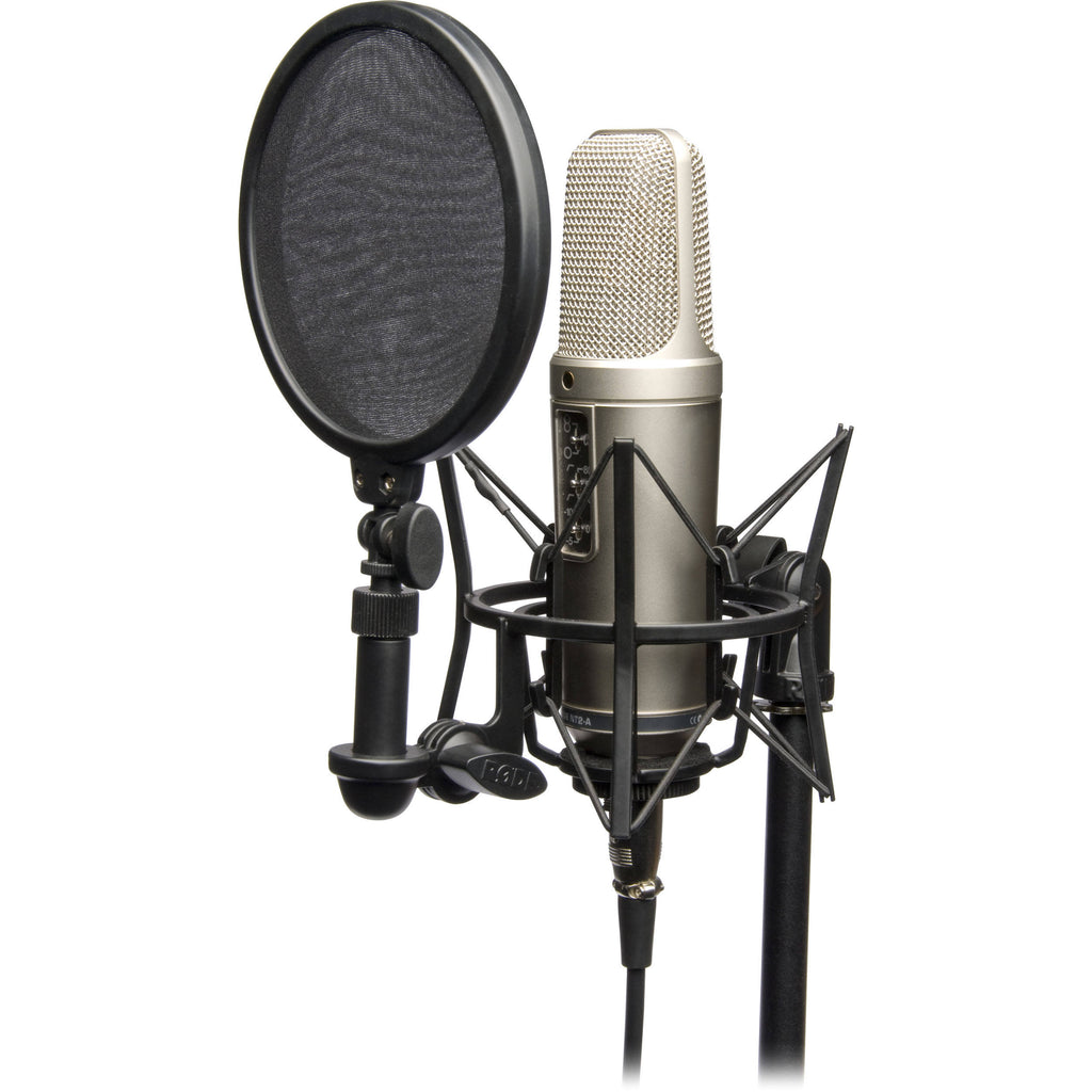 Rode NT2-A condenser microphone with included accessories in the studio pack, shown on a stand with cable and shock mount.