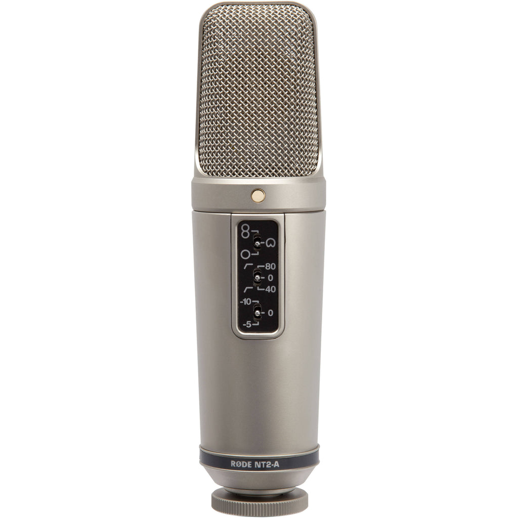 Rode NT2-A condenser microphone in studio pack with shock mount and accessories, ideal for professional audio recording.
