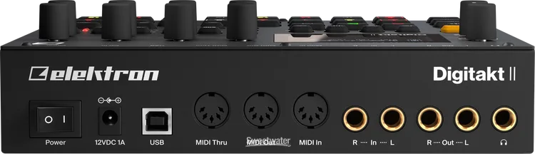 Elektron Digitakt II drum machine and sampler with colorful control pads and interface, used for music production.