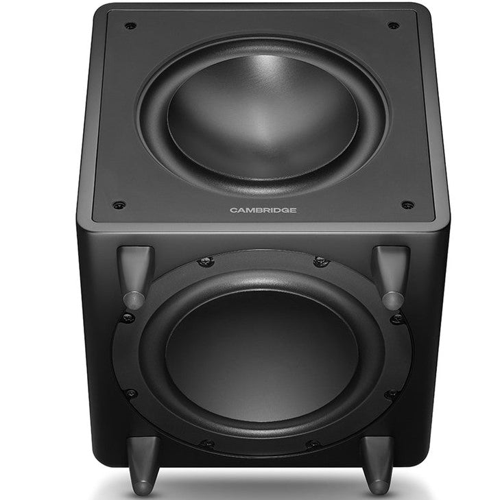 Cambridge Audio MSX Sub 300 subwoofer with black enclosure and textured finish, designed for deep bass audio performance.