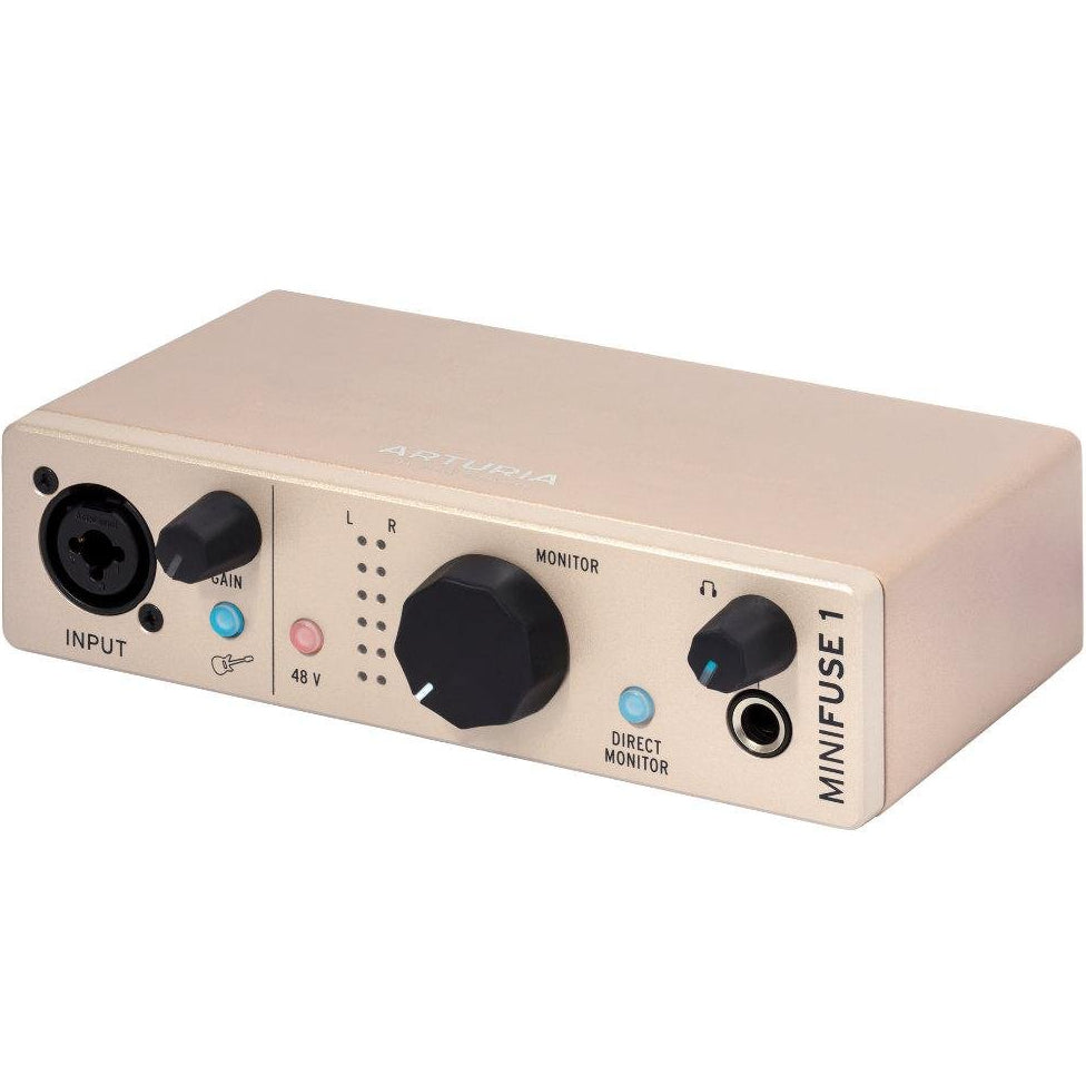Arturia MiniFuse 1 audio interface with input and output ports, compact design, and professional audio connectivity.