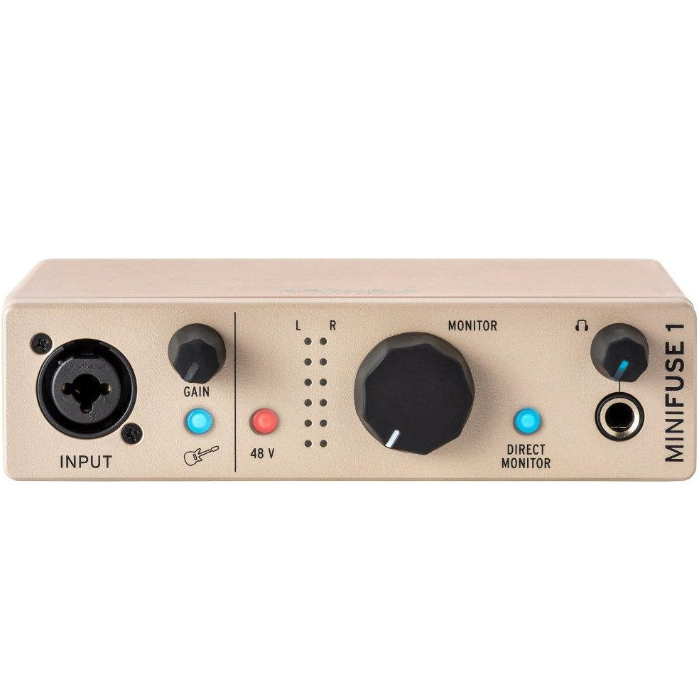 Arturia MiniFuse 1 audio interface with USB connections and input/output ports, compact design for music recording.