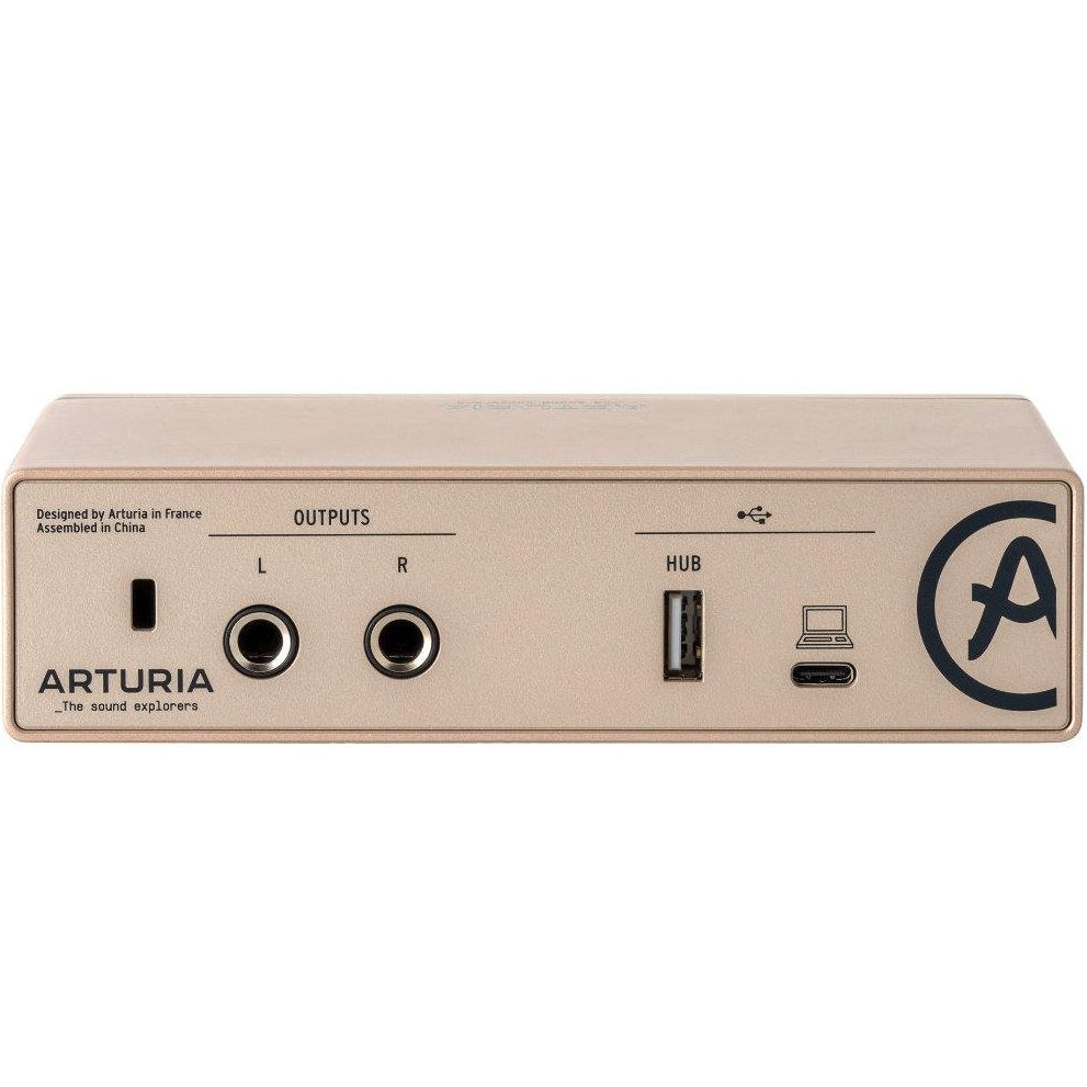 Arturia MiniFuse 1 audio interface with USB connection and input/output ports, compact design for music production and recording.