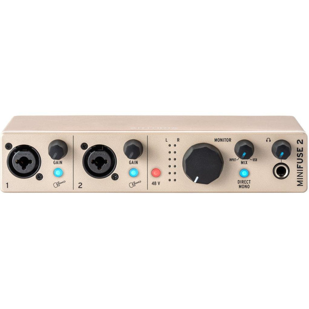Arturia MiniFuse 2 audio interface with dual input and output ports, compact design, and control knobs for music production.