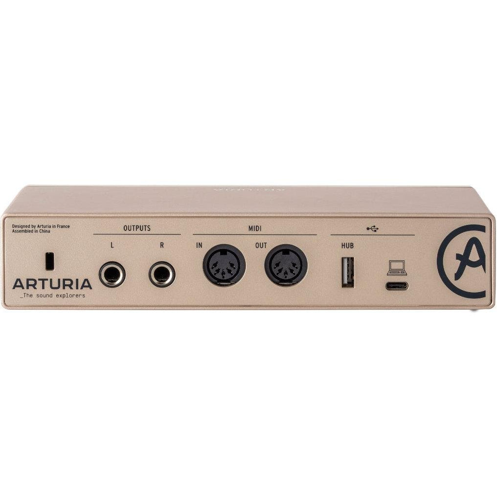 Arturia MiniFuse 2 audio interface with two input channels and USB connection, compact design for music production.