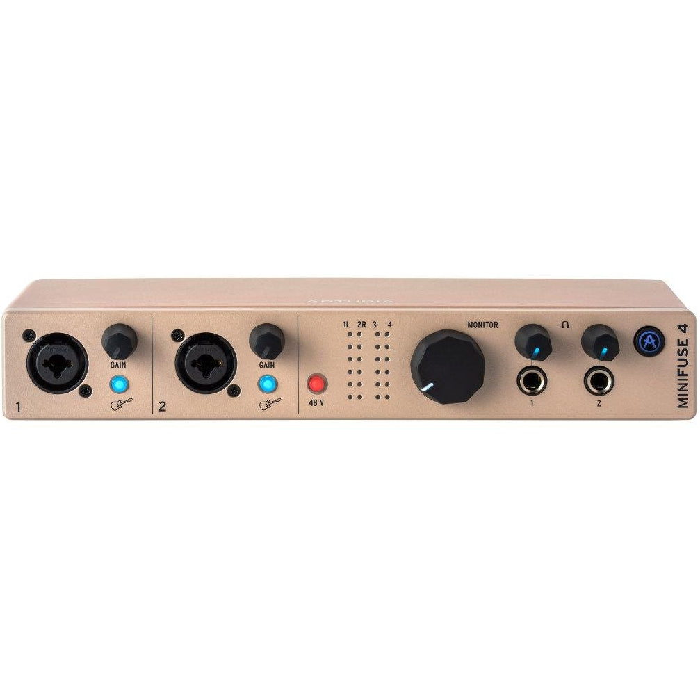 Arturia MiniFuse 4 audio interface with multiple input ports and sleek black design, used for music production and recording.
