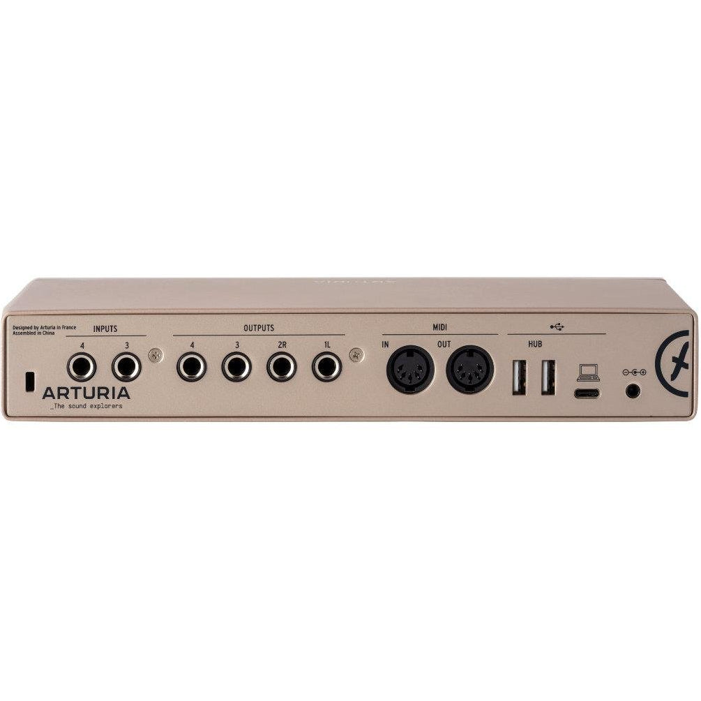 Arturia MiniFuse 4 audio interface with multiple input and output ports, compact black design, and control knobs for music production.