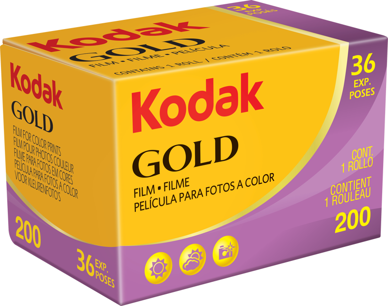 Kodak 135 Gold 200 film roll showing the packaging and label for 35mm color film.
