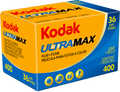 Kodak 135 Ultramax 400 film roll for 35mm cameras, with colorful packaging and film perforations visible.