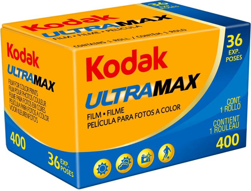 Kodak 135 Ultramax 400 film roll for 35mm cameras, with colorful packaging and film perforations visible.