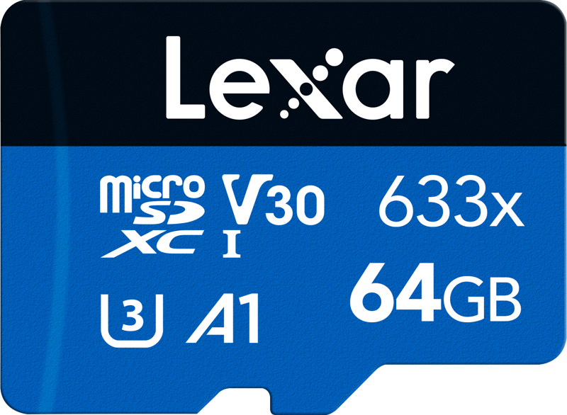 Lexar 633X 64GB microSDHC memory card with V30 rating for fast R95/W45 speeds, no adapter included.