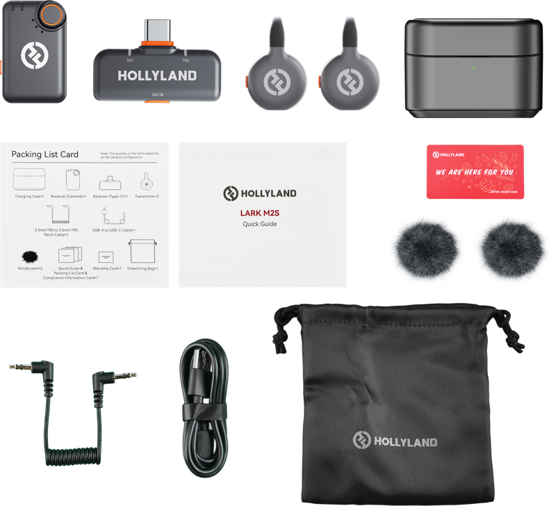 Hollyland Lark M2S Mini Combo wireless microphone system with camera and USB-C receiver, compact and portable for audio recording.