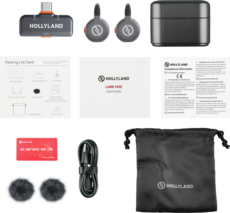 Hollyland Lark M2S USB-C combo wireless microphone system with receiver and transmitter for professional audio recording.