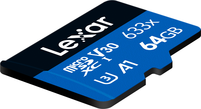 Lexar 633X 64GB microSDHC memory card with V30 speed class, R95/W45 read/write speeds, no adapter shown.