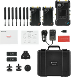 Hollyland Cosmo C2 wireless video transmission system with two transmitters and one receiver, compact and professional-grade.