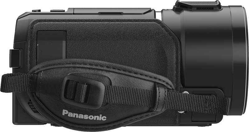 Panasonic HC-V900 camcorder with 4K video recording and zoom lens, shown with adjustable settings and handheld grip.
