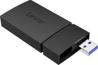 Lexar microSD/SD USB-A and C card reader displaying multiple card slots and USB connector for data transfer and storage.