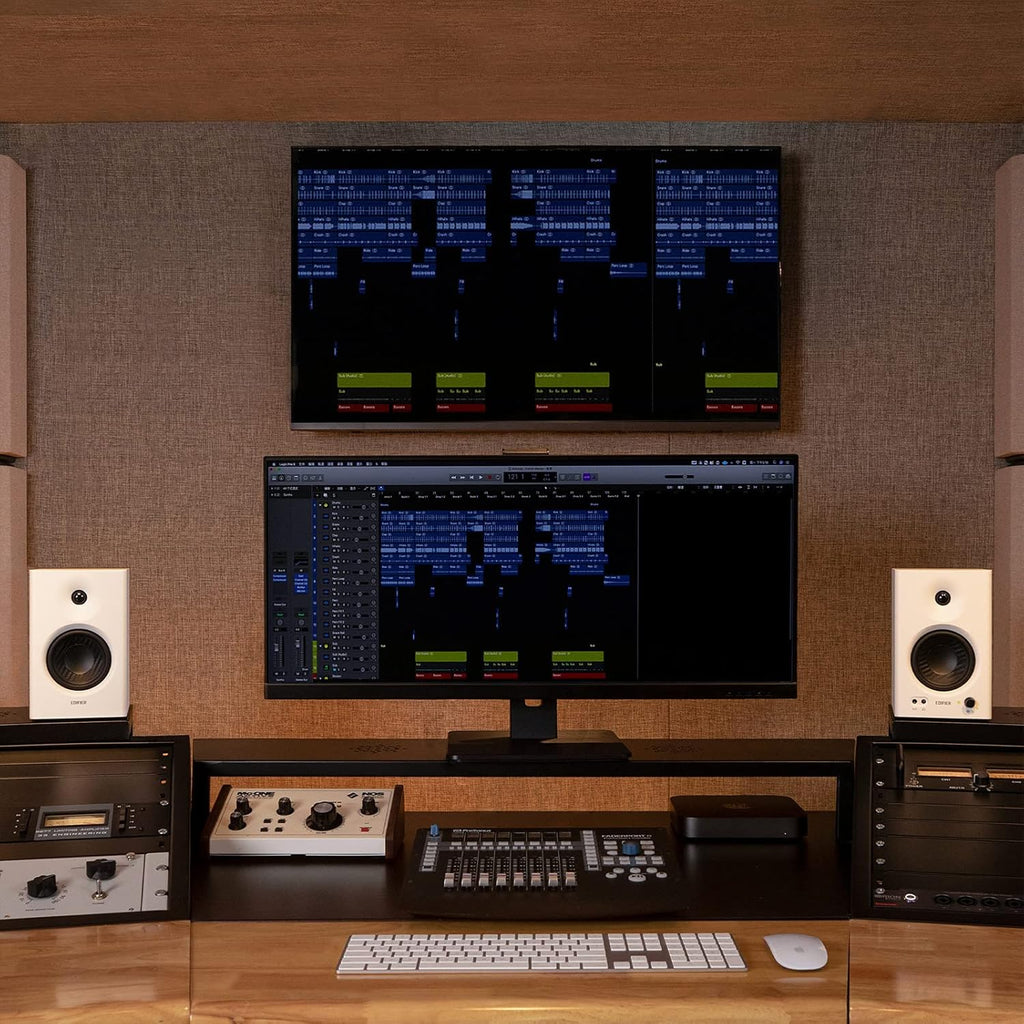 Edifier MR4 desktop speakers with sleek black design and compact size, ideal for computer audio setup.