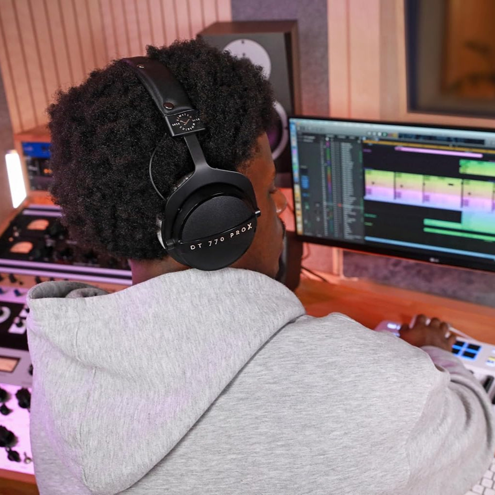 Beyerdynamic DT 770 Pro X studio headphones with over-ear design, black ear cups, and adjustable headband for professional audio use.