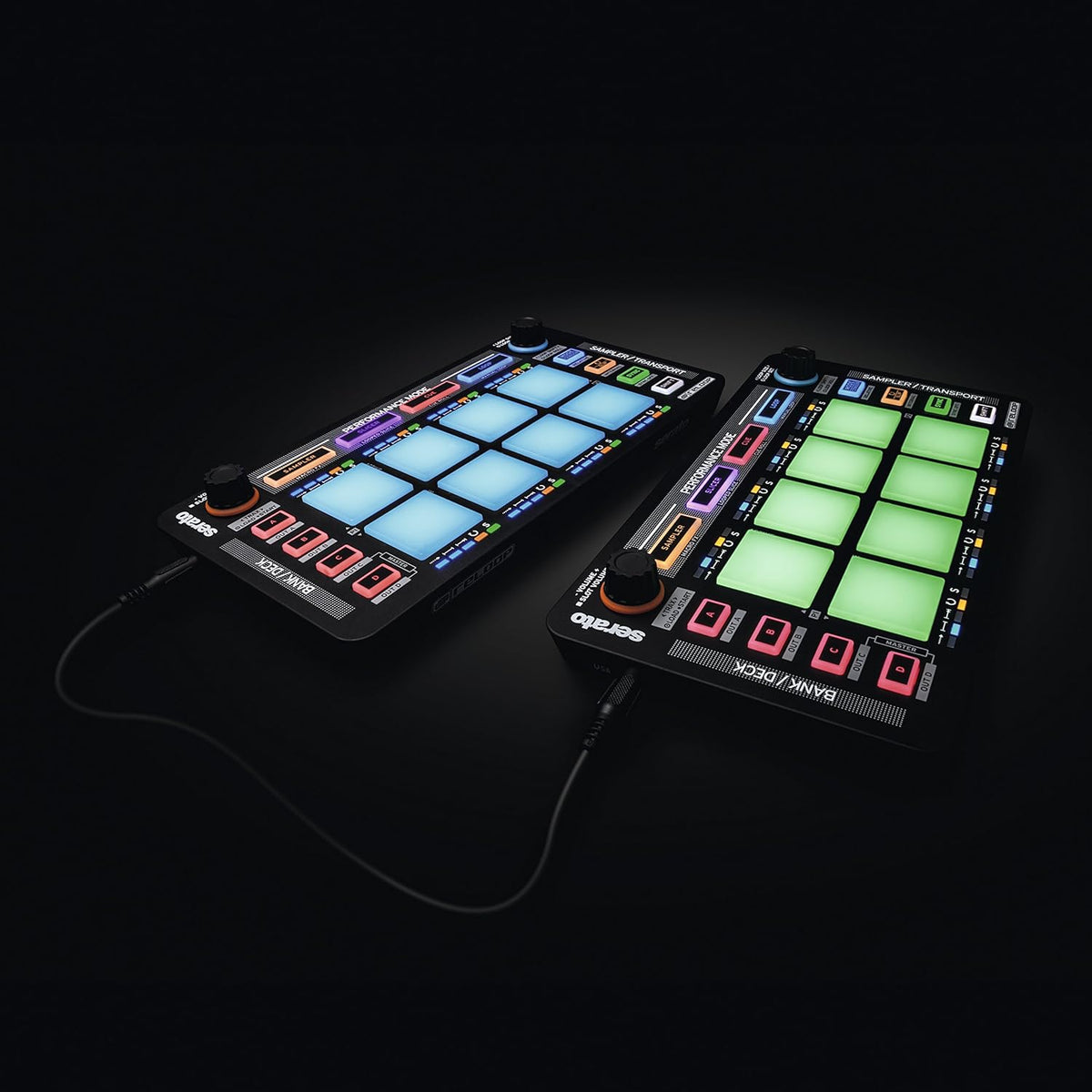 Reloop Neon DJ effects device with colorful LED lights and control knobs on a sleek black surface, used for music mixing and performance.