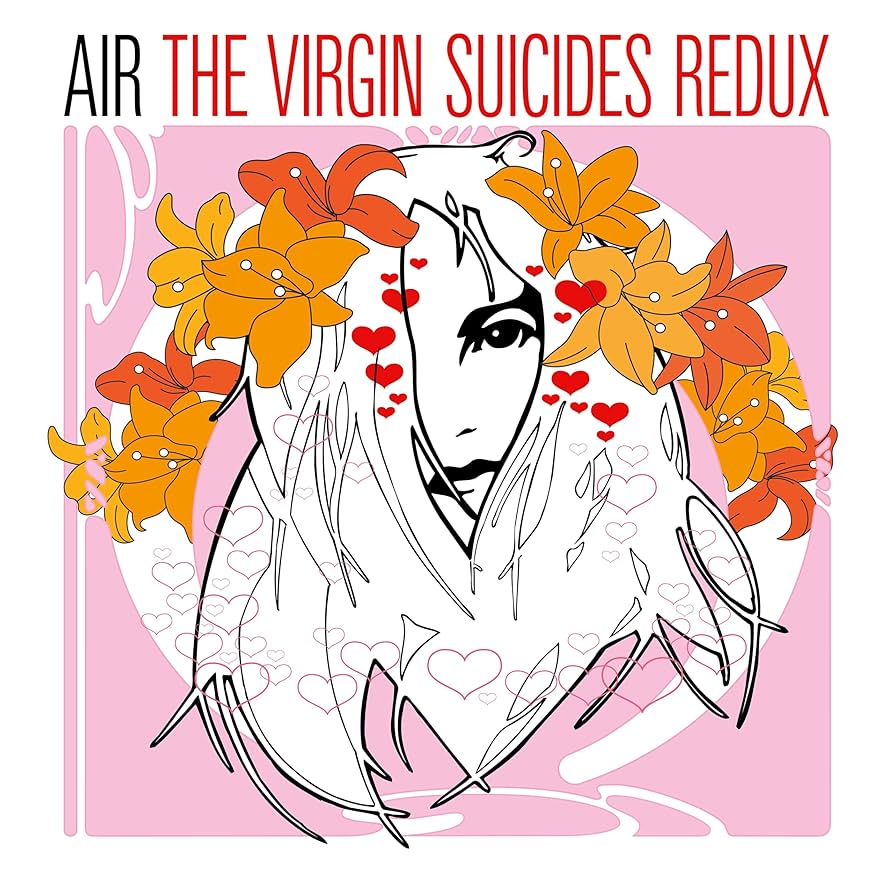 Black vinyl LP of "Air - The Virgin Suicides Redux" electronic album by Warner Music Group, with album cover art visible.