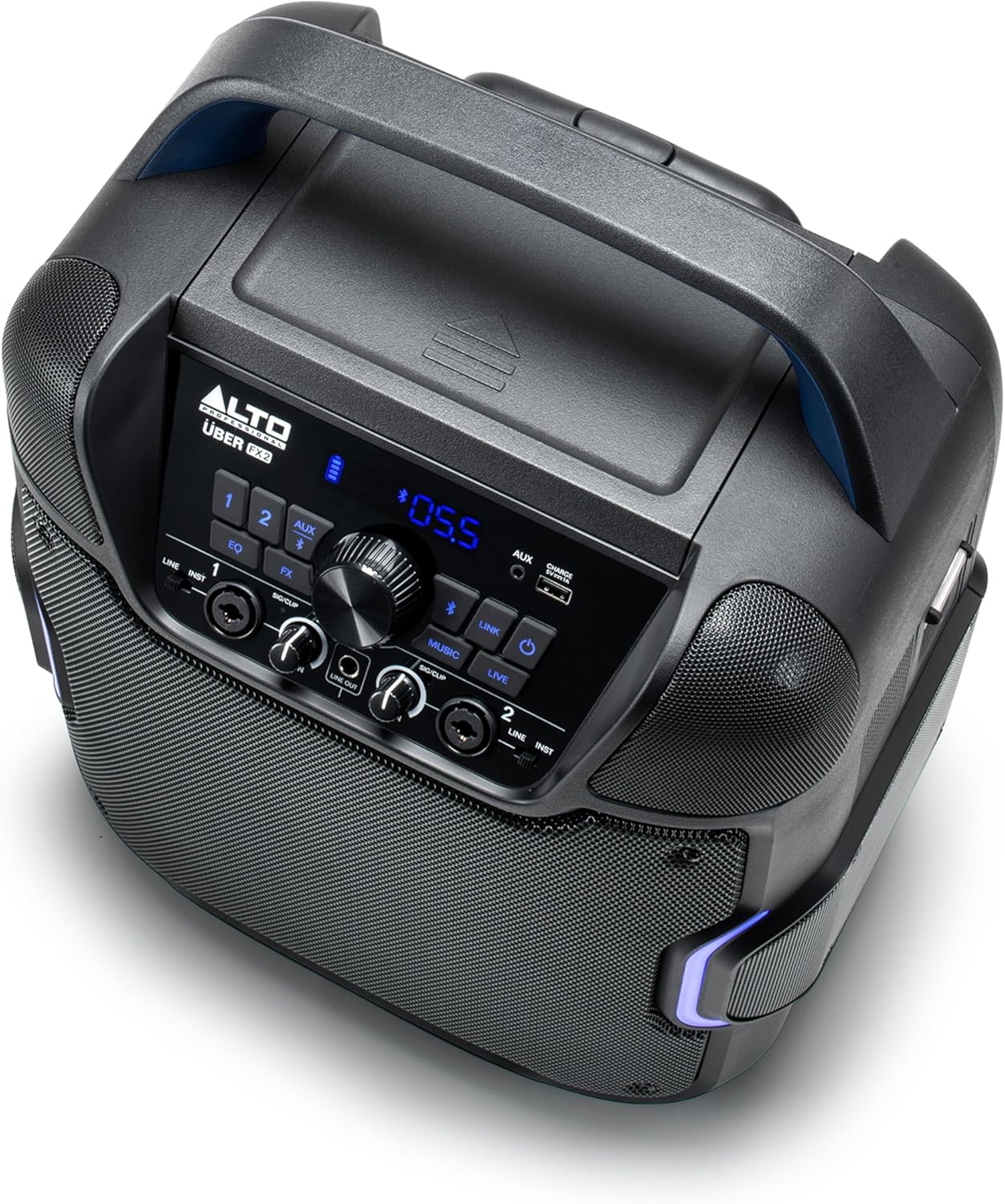 Alto Professional Uber FX2 PA speaker with control panel, audio inputs, and sturdy black enclosure for live sound reinforcement