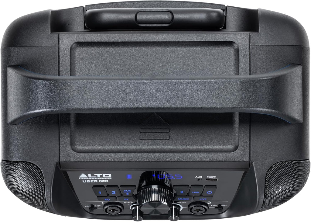 Alto Professional Uber FX2 PA speaker system with two large black speaker cabinets and control panels for live sound amplification.