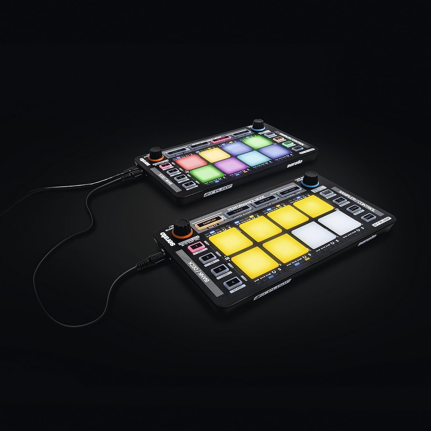 Reloop Neon DJ effects unit with colorful LED lights and control knobs for dynamic sound effects and music mixing.