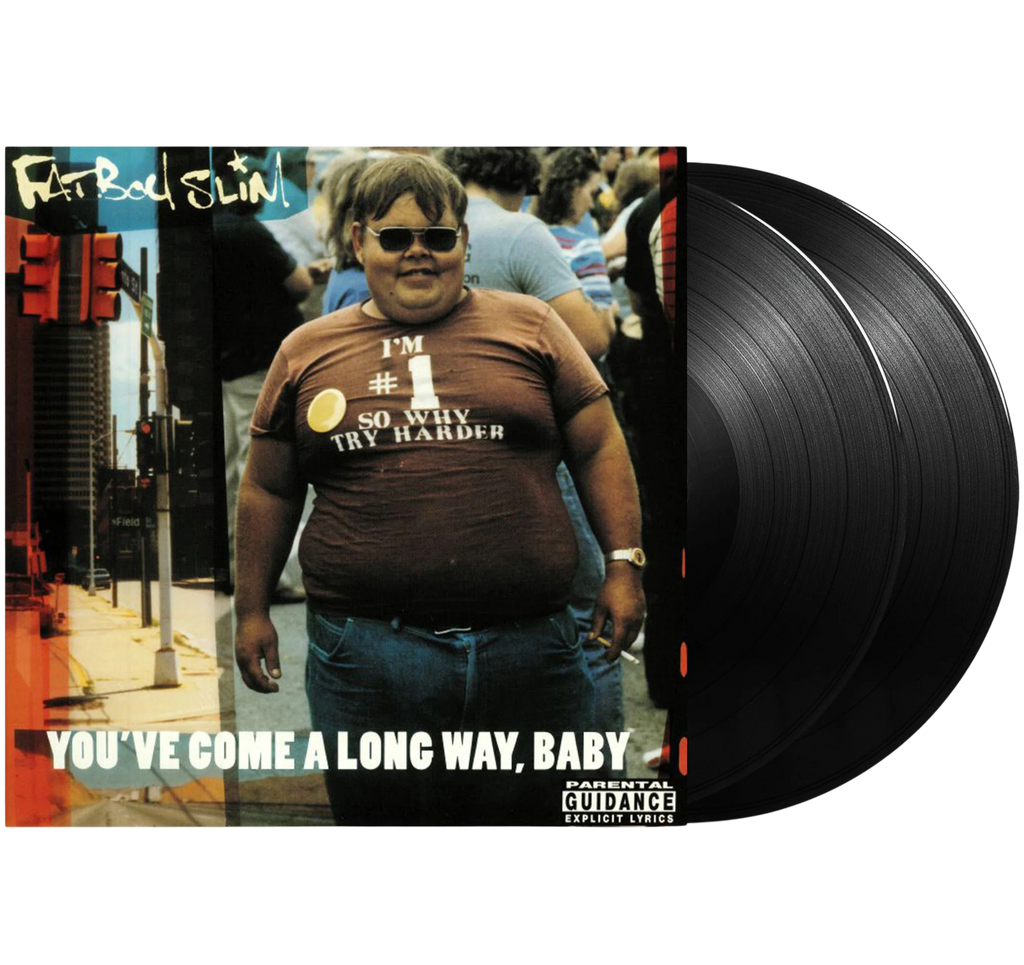 Black vinyl 2LP of Fatboy Slim's "You've Come a Long Way, Baby" electronic album by Skint Records, shown in a close-up image.