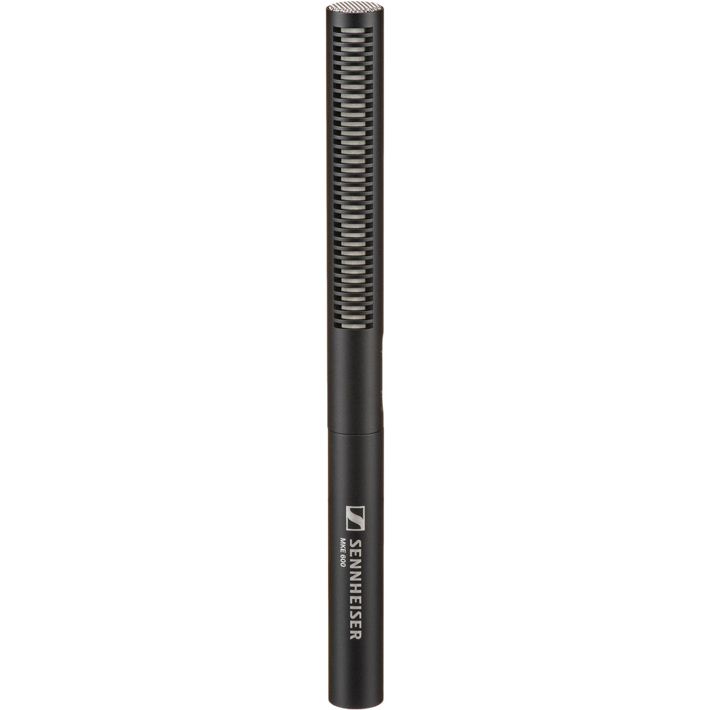 Sennheiser MKE 600 shotgun microphone with black body and shock mount for professional audio recording.