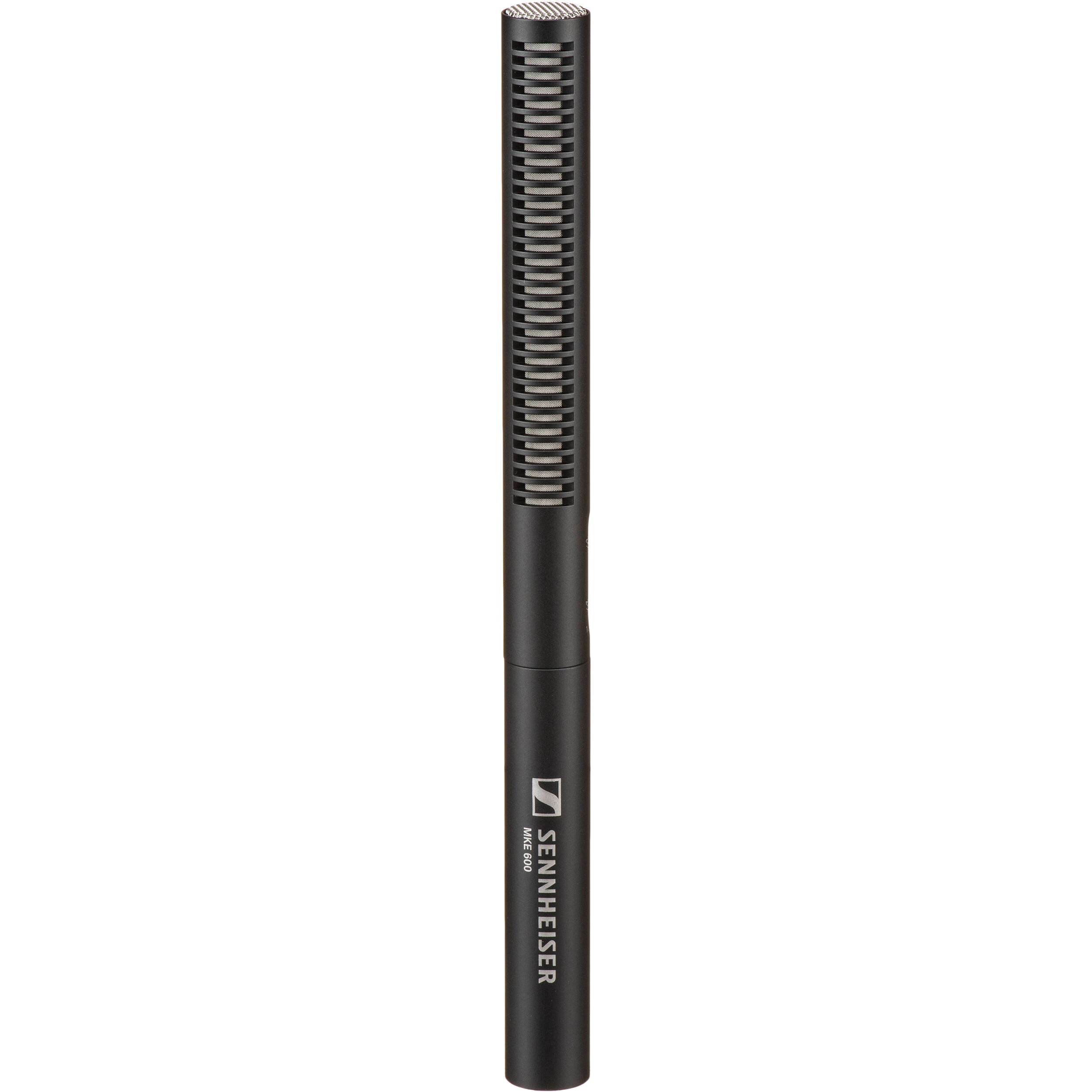 Sennheiser MKE 600 shotgun microphone with black body and shock mount for professional audio recording.