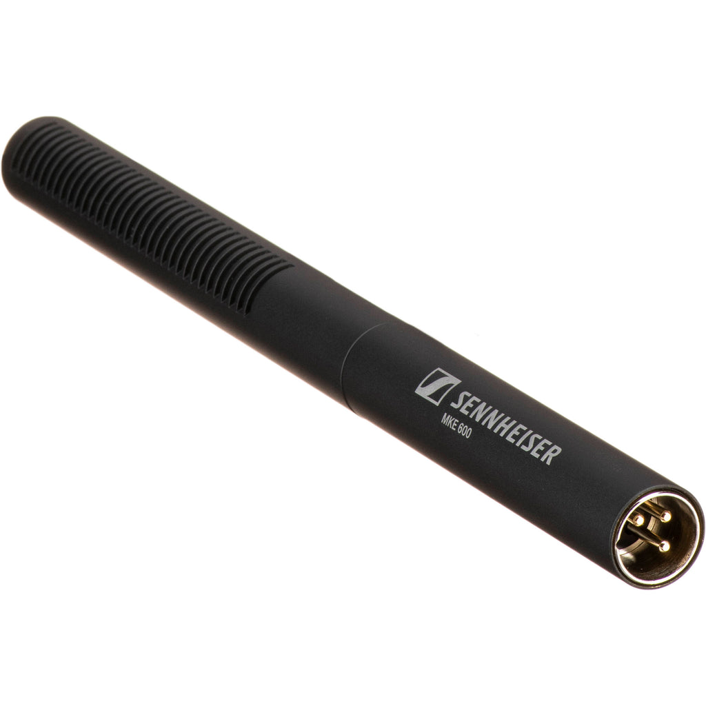 Sennheiser MKE 600 shotgun microphone with windscreen and audio cable, designed for professional video and audio recording.