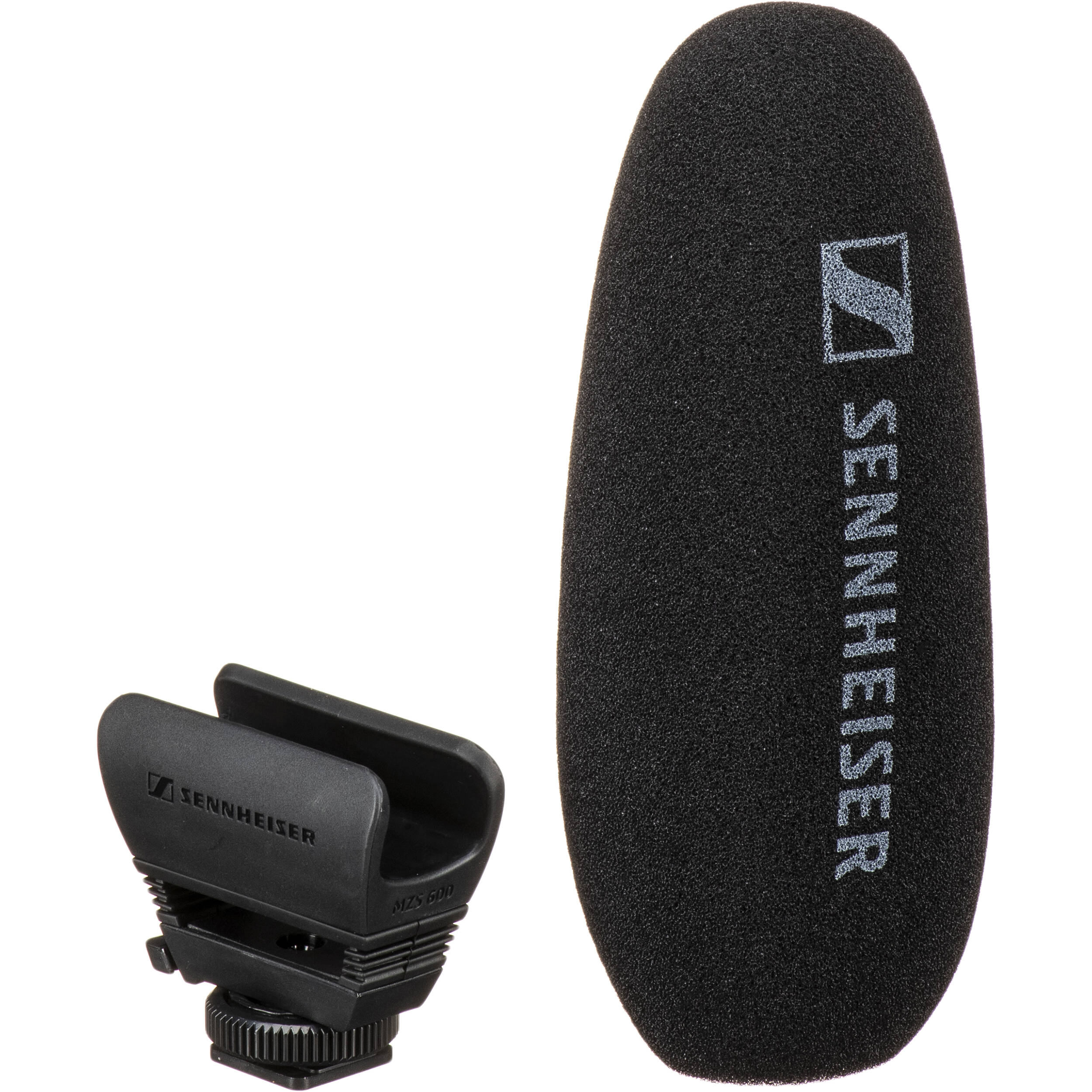 Sennheiser MKE 600 shotgun microphone with black body and windscreen, suitable for professional audio recording and filmmaking.