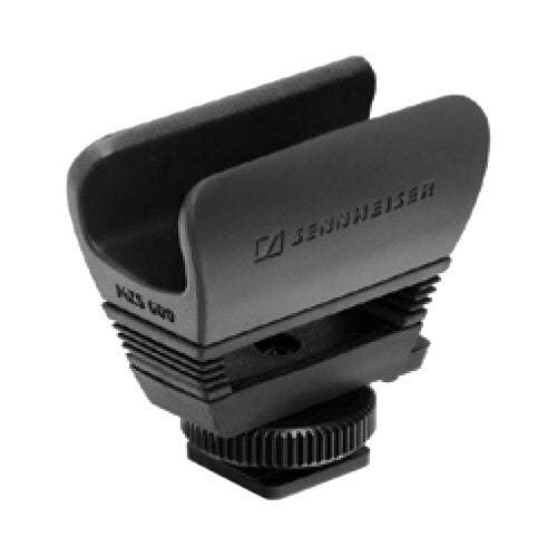 Sennheiser MKE 600 shotgun microphone shown on a stand, professional audio recording device for film and broadcast applications.