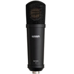 Warm Audio WA-87jr SE condenser microphone in black, shown from the back, highlighting its compact design and build quality.