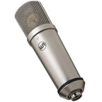 Warm Audio WA-87jr SE condenser microphone with nickel finish, shown from an angled view highlighting its sleek design.