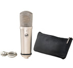 Warm Audio WA-87jr SE condenser microphone with nickel finish, shown with its shock mount and cable.