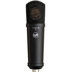 Warm Audio WA-87jr condenser microphone in black, front view showing the classic microphone design and branding.