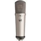 Warm Audio WA-87jr nickel condenser microphone shown from the front, featuring a sleek metallic finish and professional audio equipment design.