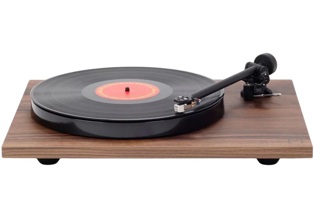 Rega Planar 1 Plus turntable with black plinth, tonearm, and platter, showcasing its sleek design and build quality.
