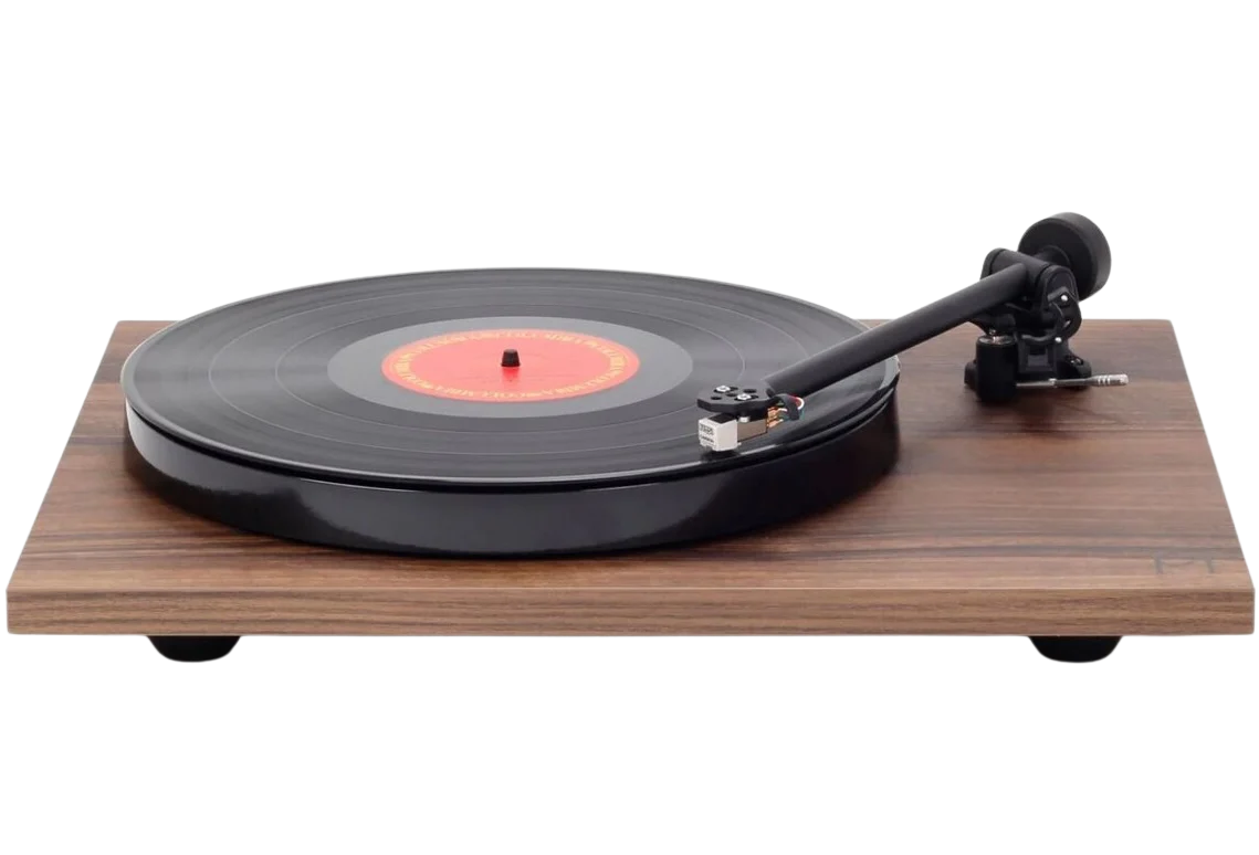 Rega Planar 1 Plus turntable with black plinth, tonearm, and platter, showcasing its sleek design and build quality.