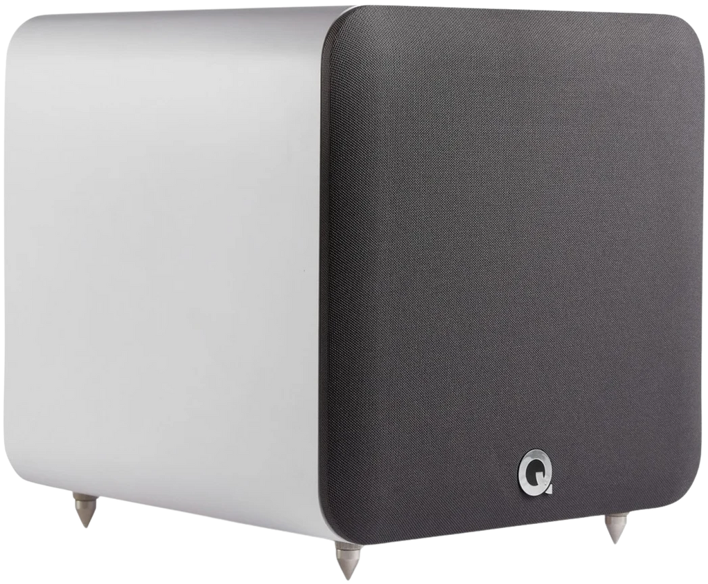 Q Acoustics Q SUB80 subwoofer with black enclosure and front-firing driver, designed for deep bass in home audio systems.