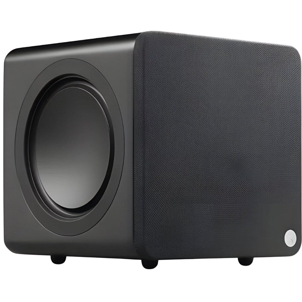 Cambridge Audio MSX Sub 200 subwoofer with black enclosure and front-facing speaker cone, designed for deep bass sound.